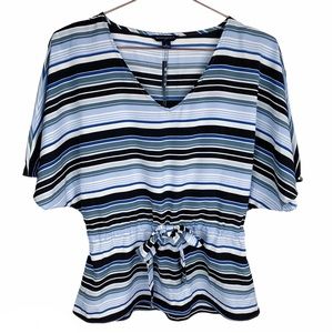 Banana Republic Factory Blue Black White Striped V-Neck Tie-Waist Blouse